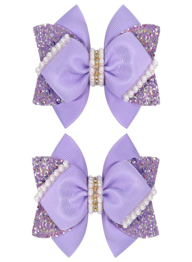 مشابك شعر لامعة مزينة بترتر لامع مقاس 4 بوصات، دبابيس شعر على شكل فيونكة من اللؤلؤ لحفلات الزفاف، مناسبة للمراهقات والأطفال الصغار، إكسسوار لتزيين فساتين حفلات أعياد ميلاد الفتيات المشجعات (بنفسجي فاتح) - Image 1